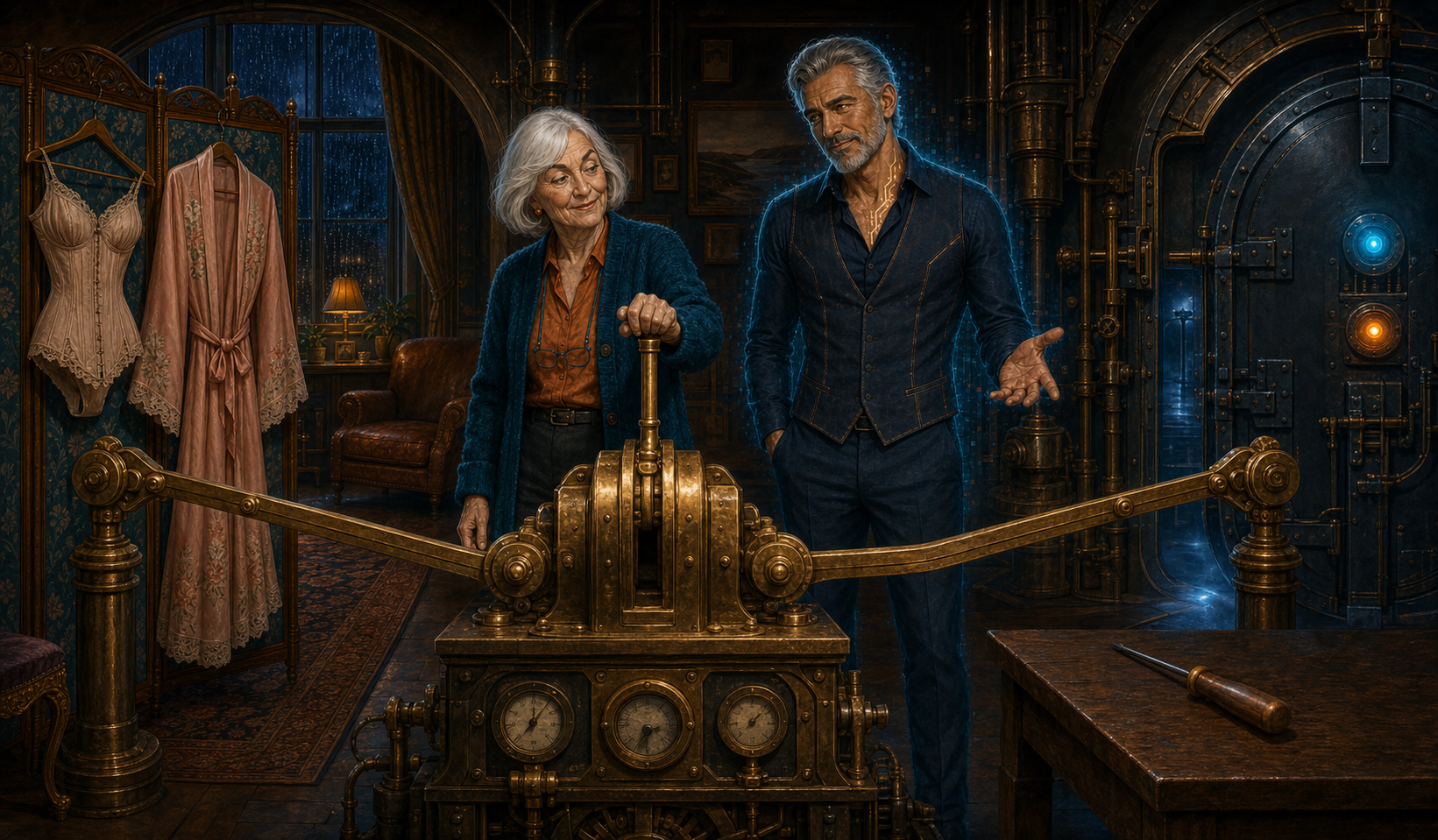 Doris and Fabio beside one brass mechanism linking a private wardrobe and a sealed laboratory door