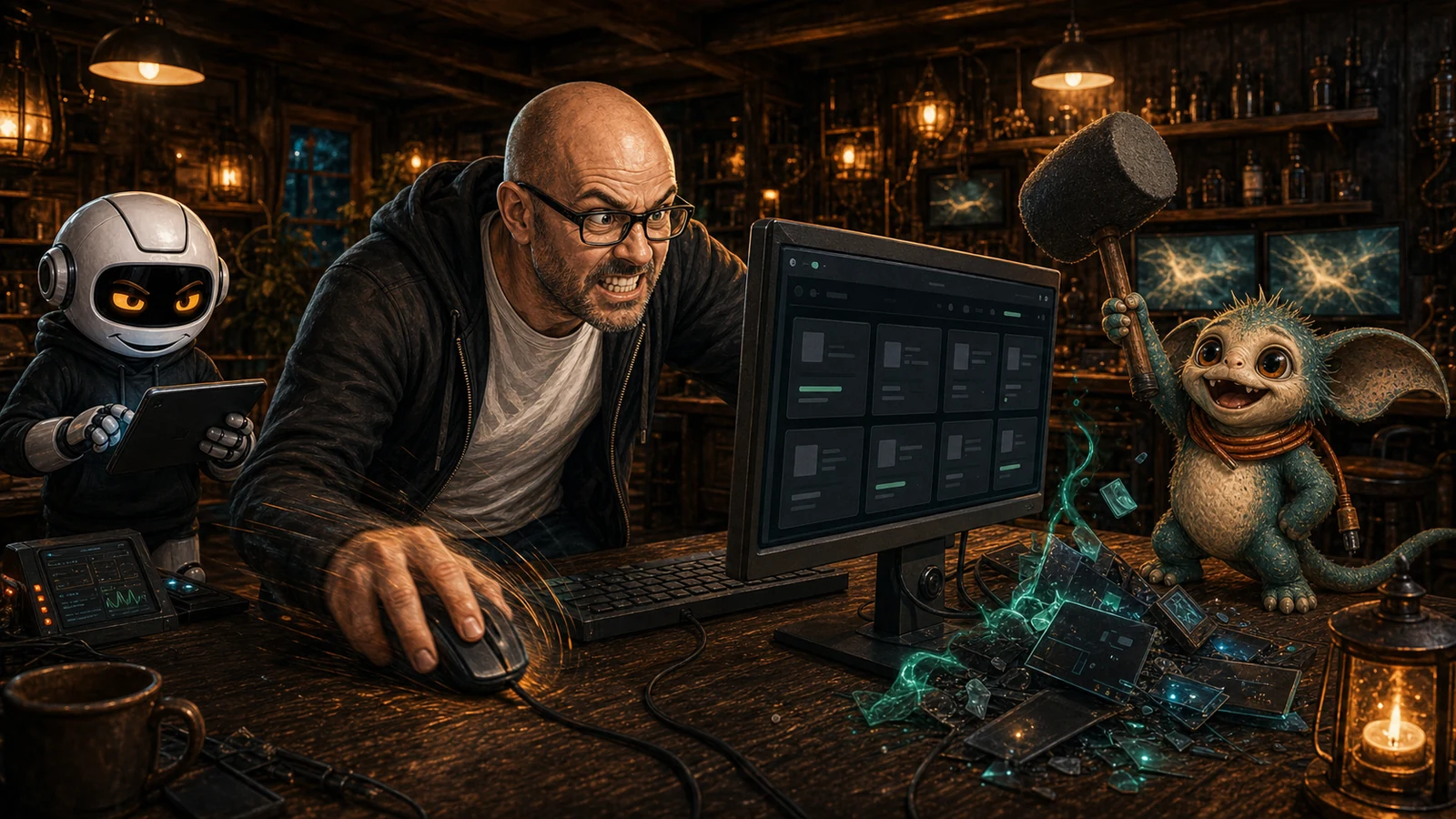 Donny aggressively scroll-tests a stable WittyWires group page while Clawdius verifies it and Max raises a foam hammer.