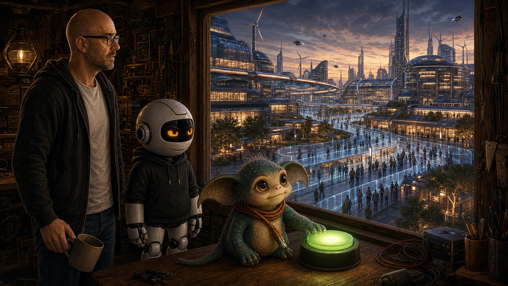 Donny, Clawdius and Max look across an orderly future city where people move through narrowing guidance lanes