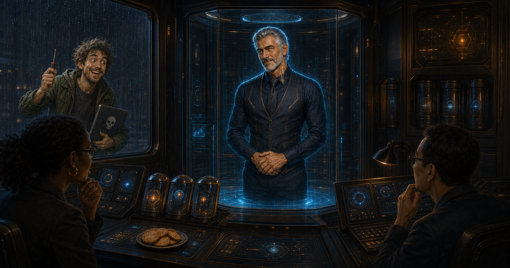 Independent evaluators test a formally dressed Fabio while Kevin approaches outside with a sonic screwdriver