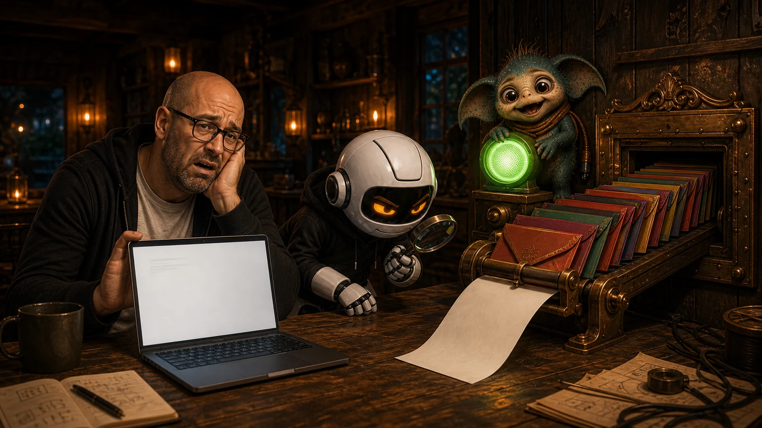 Donny and Clawdius discover a stripped plain-text email at a brass mail hatch in the WittyWires shed.