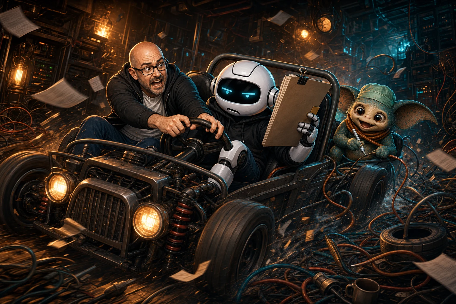Donny grabs the wheel as broken cyan-eyed Clawdius consults paperwork and Max operates on the throttle.
