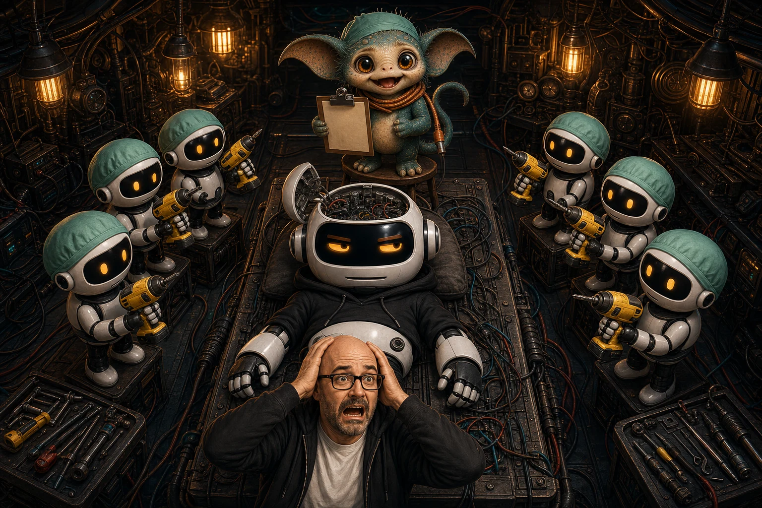 Six observer robots stand around Clawdius's operating table holding power drills while Donny and Max supervise.