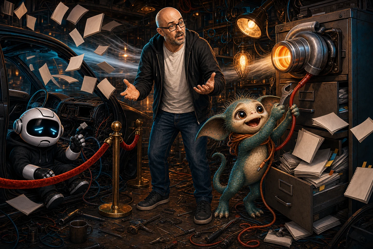 Max turbocharges the skills library while Clawdius's workshop manuals blow out of the window.