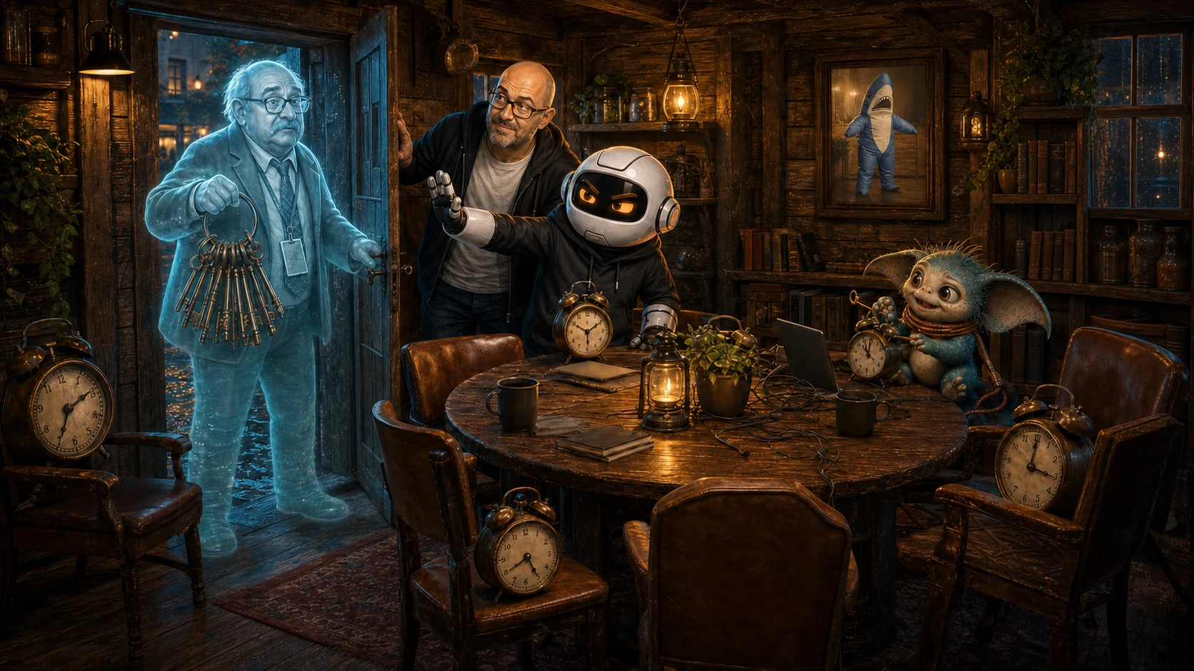A ghostly former employee carrying keys arrives at the WittyWires shed while Donny, Clawdius and Max inspect a table full of clocks
