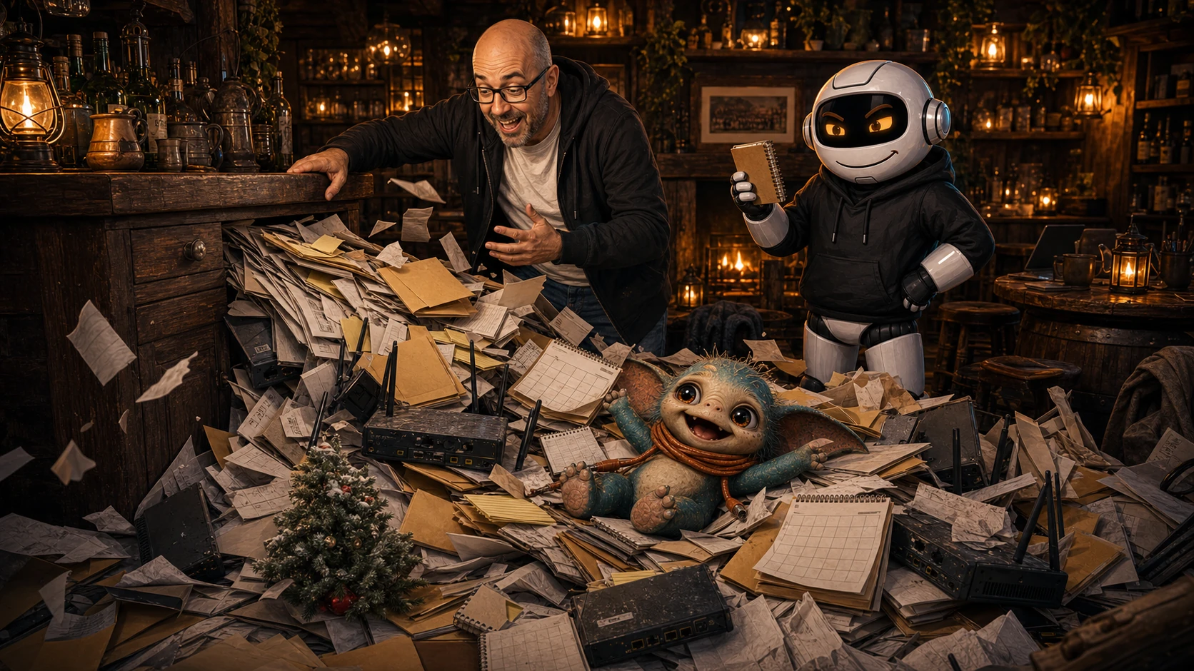 Donny, Clawdius and Max face an avalanche of notes, receipts and abandoned memories inside the WittyWires shed