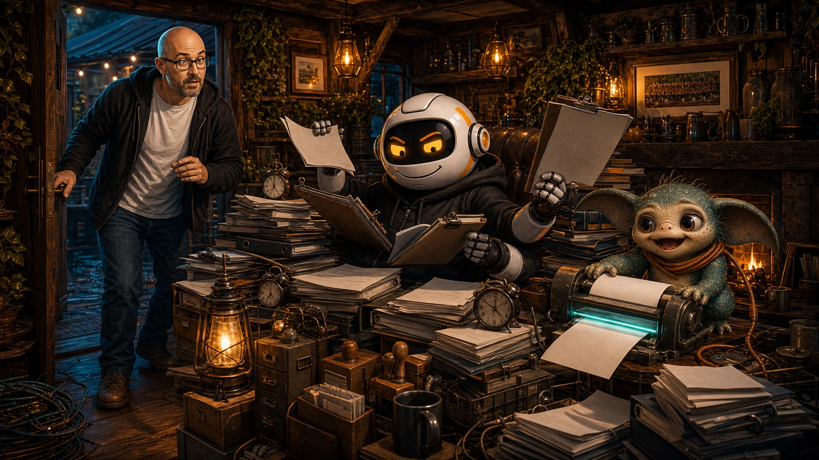 Donny finds Clawdius buried beneath filing cabinets, clipboards and administrative clutter while Max enthusiastically adds more paperwork