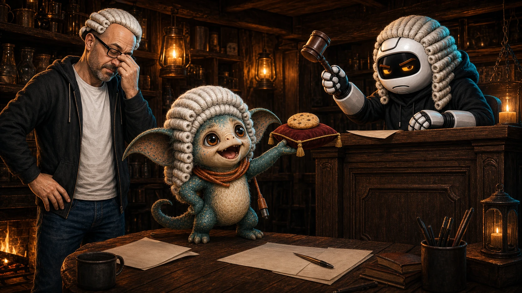 Max presents one biscuit as legal precedent while Donny despairs and Judge Clawdius raises his gavel