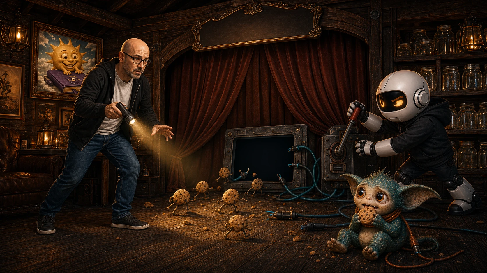 Donny, Clawdius and Max investigate escaping biscuit crumbs behind an absurd consent theatre