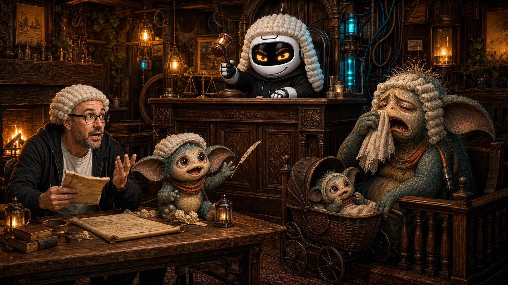 Judge Clawdius presides over Donny and Max in a ramshackle pub-shed courtroom beside a gremlin baby in a pushchair