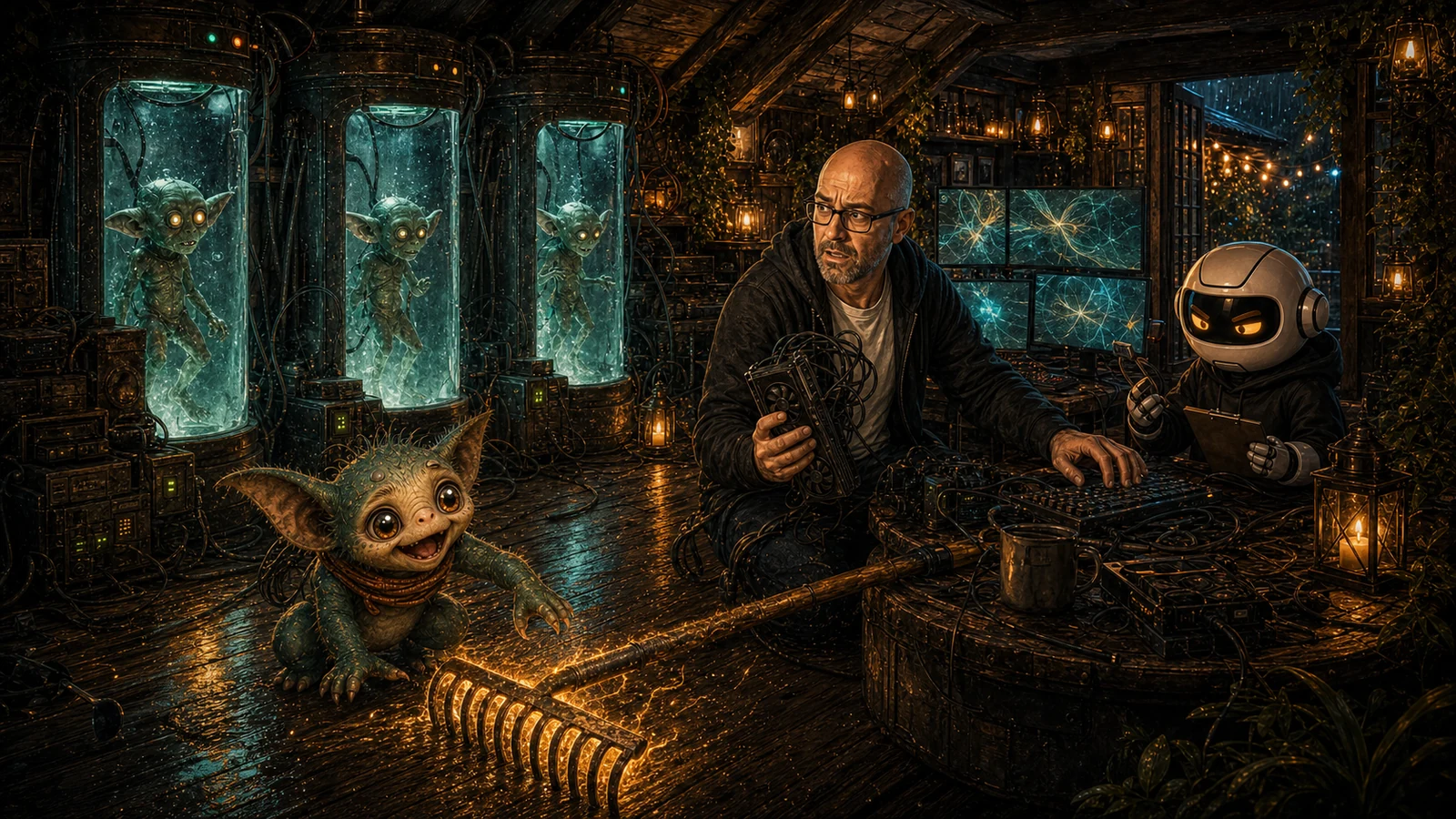 Donny, Clawdius and Max watching revived OpenClaw goblins being tested in the WittyWires SHED.