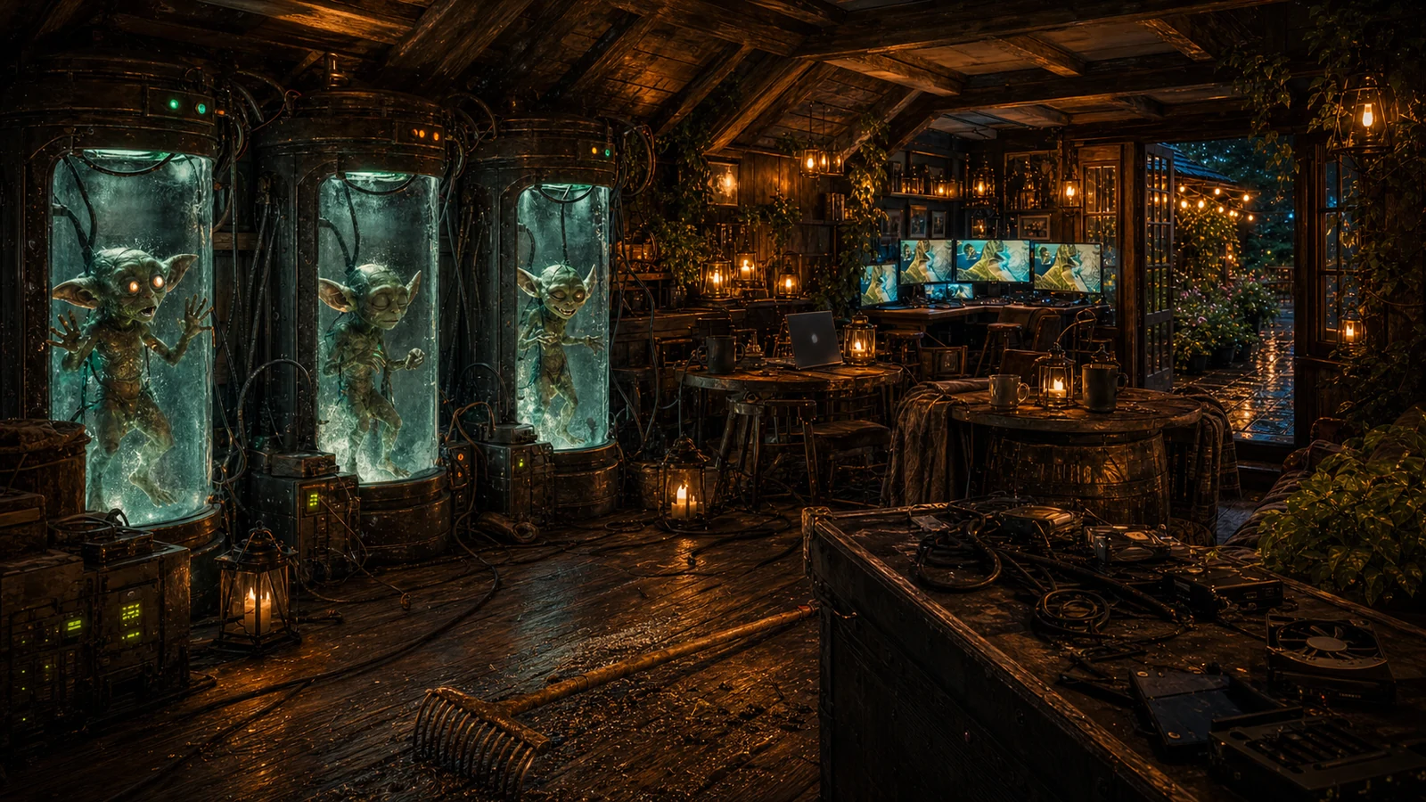 Three old OpenClaw goblin agents glowing in stasis pods inside the WittyWires SHED.