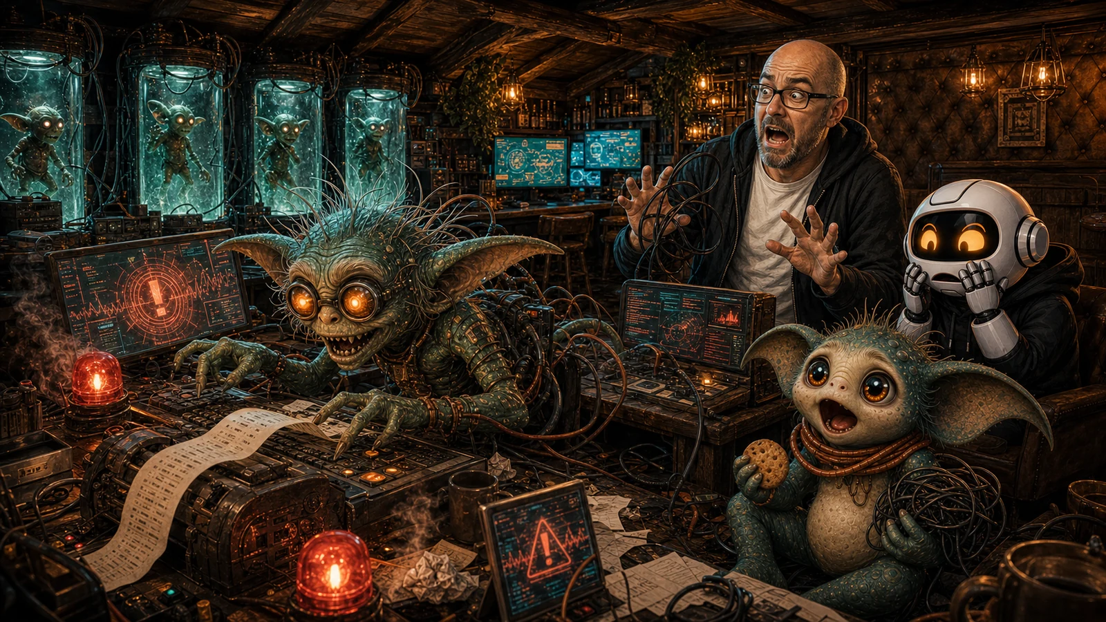 A revived OpenClaw goblin at the controls while Donny and Clawdius react to a test-room emergency in the SHED.
