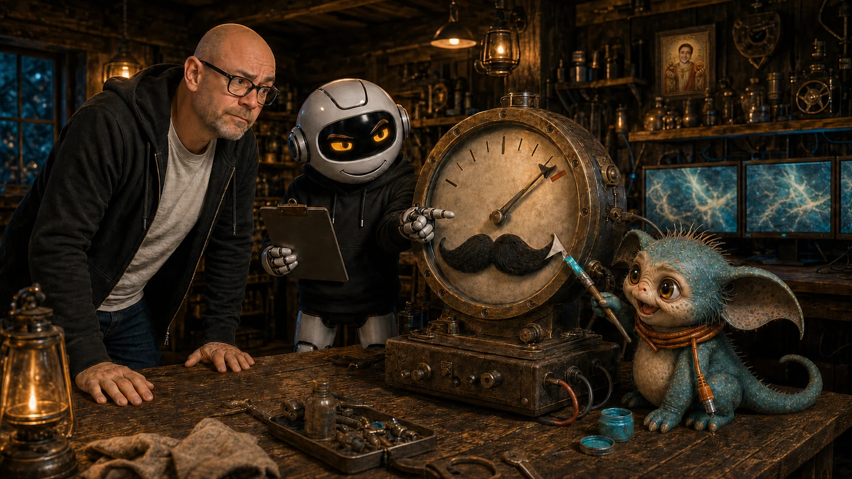 The Human and Clawdius inspect a moustachioed entropy gauge in the WittyWires shed while Max applies cyan paint.