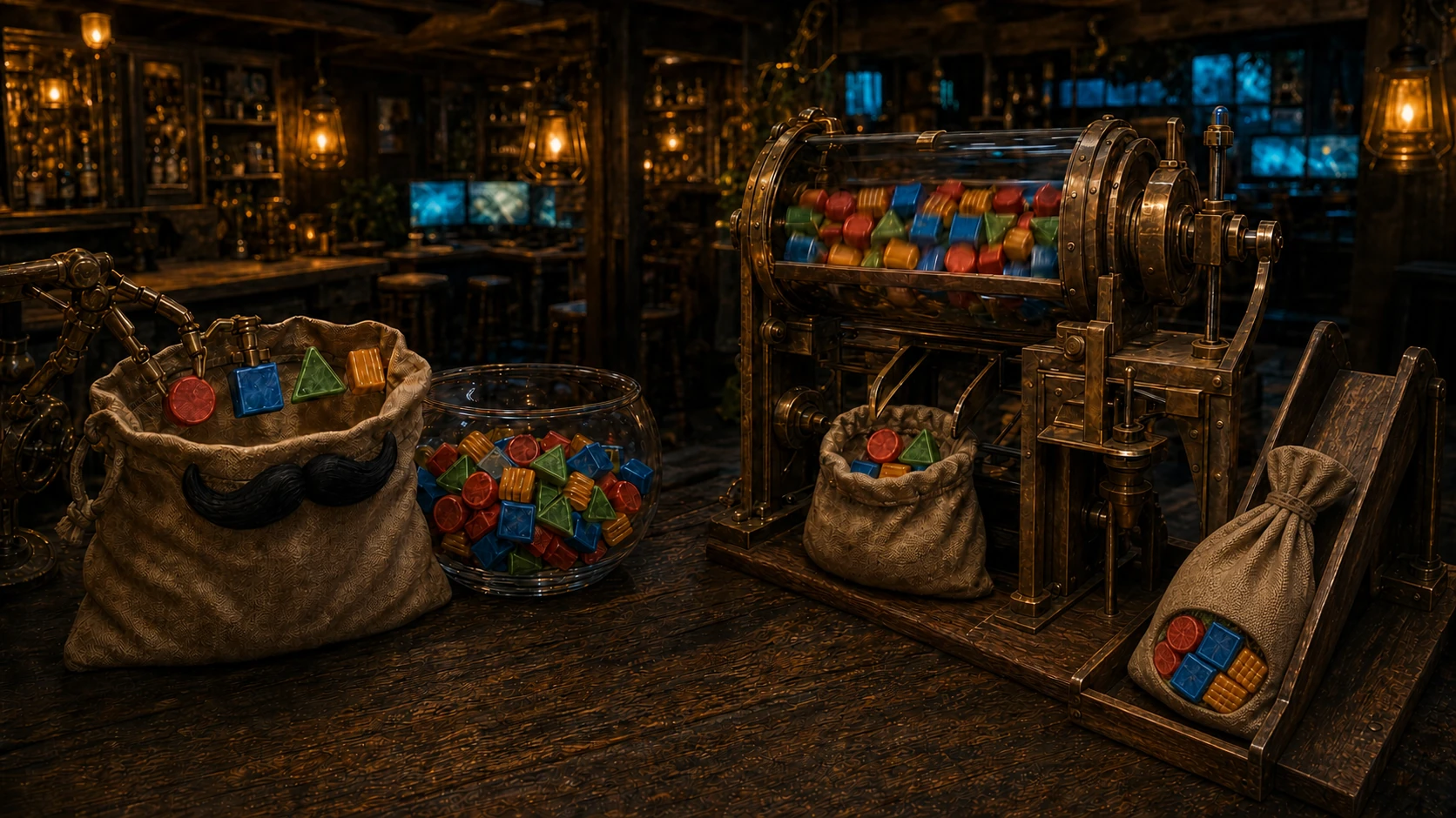 A robot arm secretly plants coloured sweets in one bag while a brass machine rejects whole bags on another line.