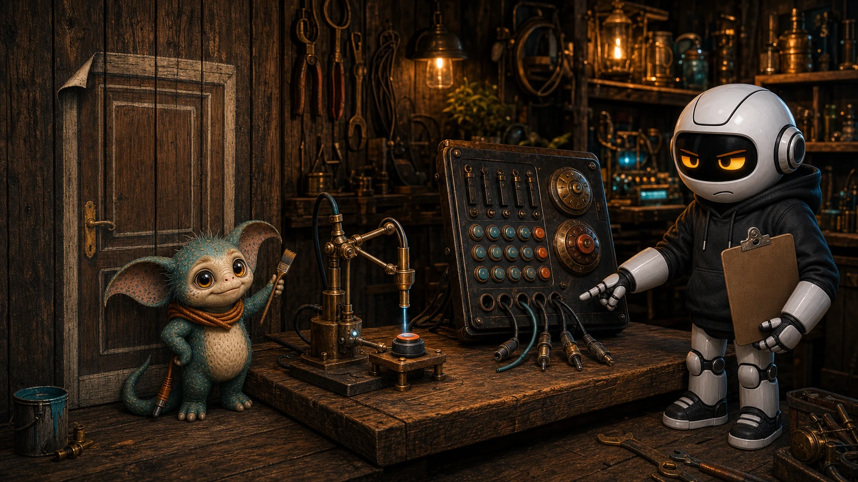 Max paints a fake door on the shed wall while Clawdius points at a disconnected test panel.