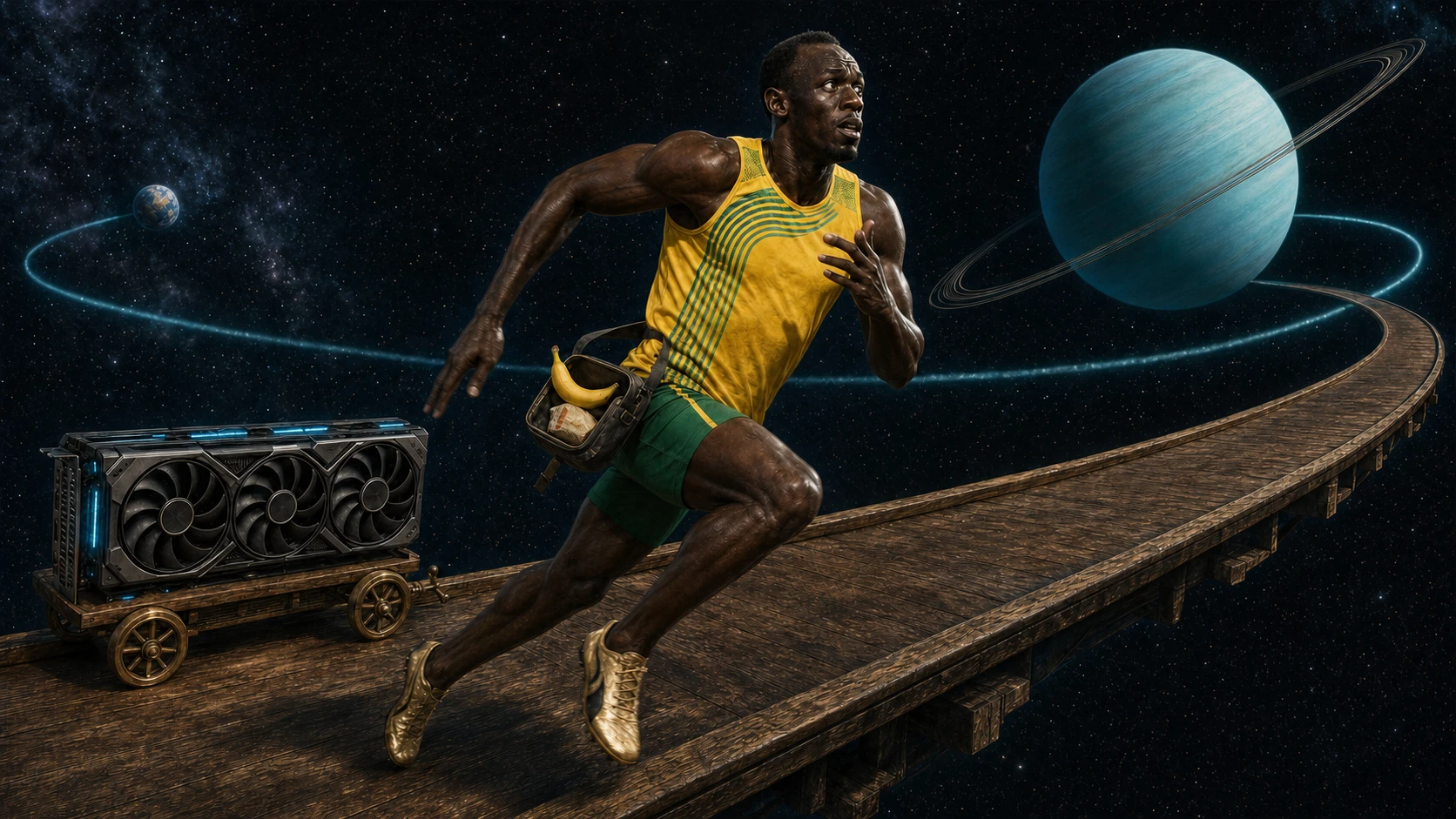 Usain Bolt runs along a wooden track towards Uranus with snacks and a graphics-card trolley.