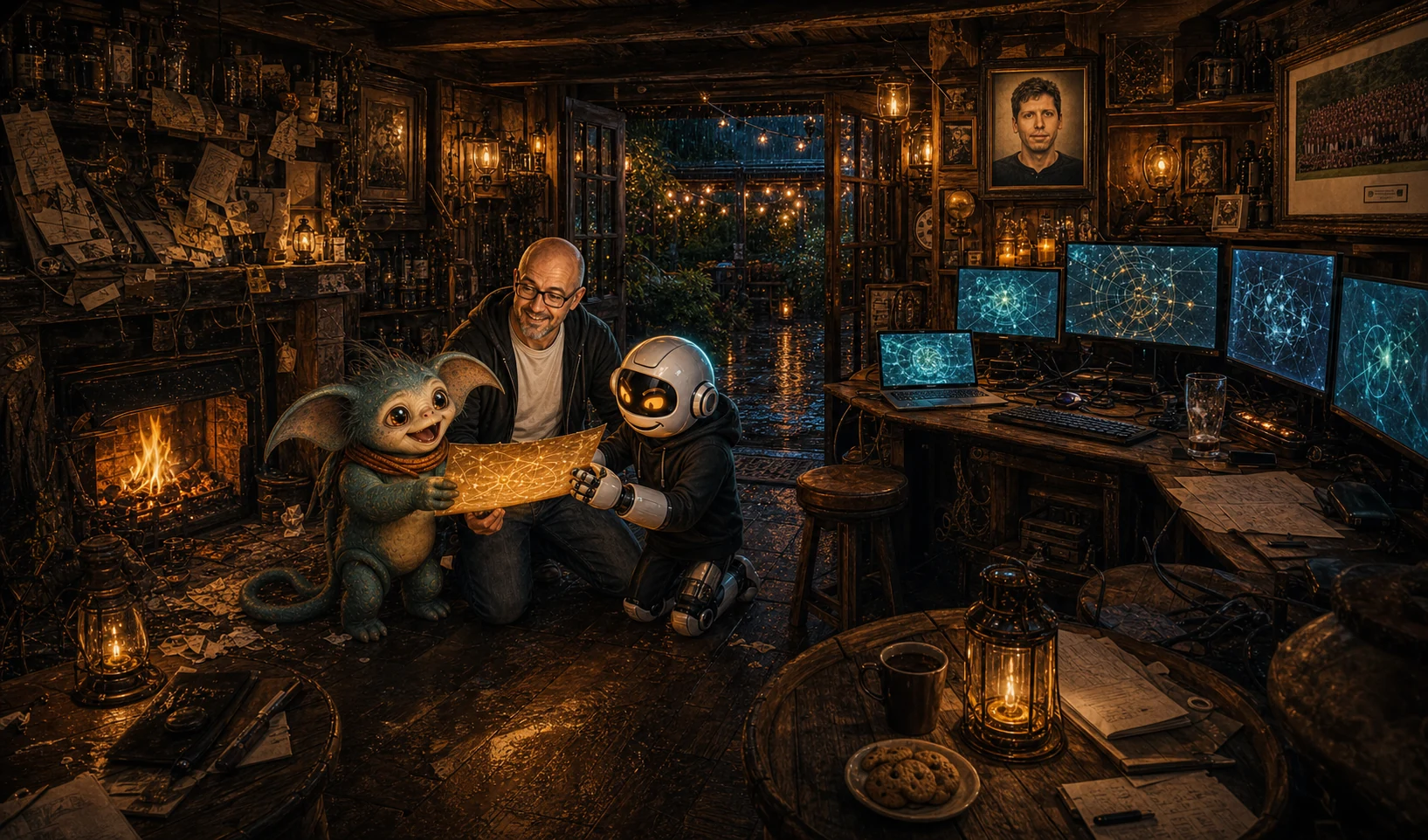 Donny, Clawdius and Max in the WittyWires AI pub shed after the wiki becomes a useful continuity system with receipts and living pages.