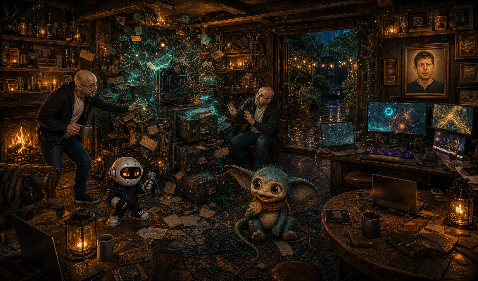 Donny, Clawdius and Max in the WittyWires AI pub shed trying to turn the wiki from a filing cabinet into a living project brain.