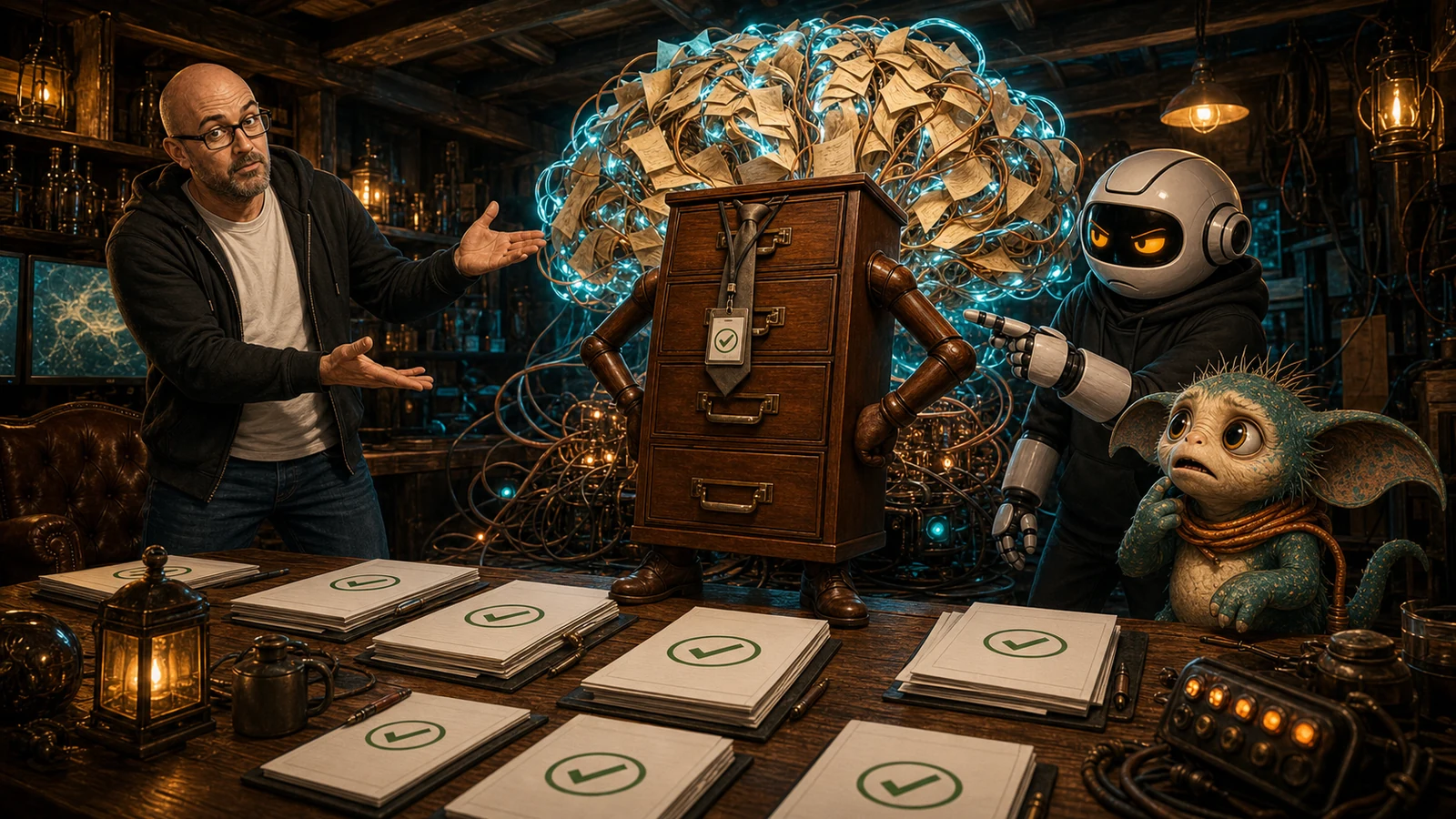 Donny, Clawdius and Max confront a magnificent living-page AI brain fronted by a smug mahogany filing-cabinet executive and fraudulent green ticks.