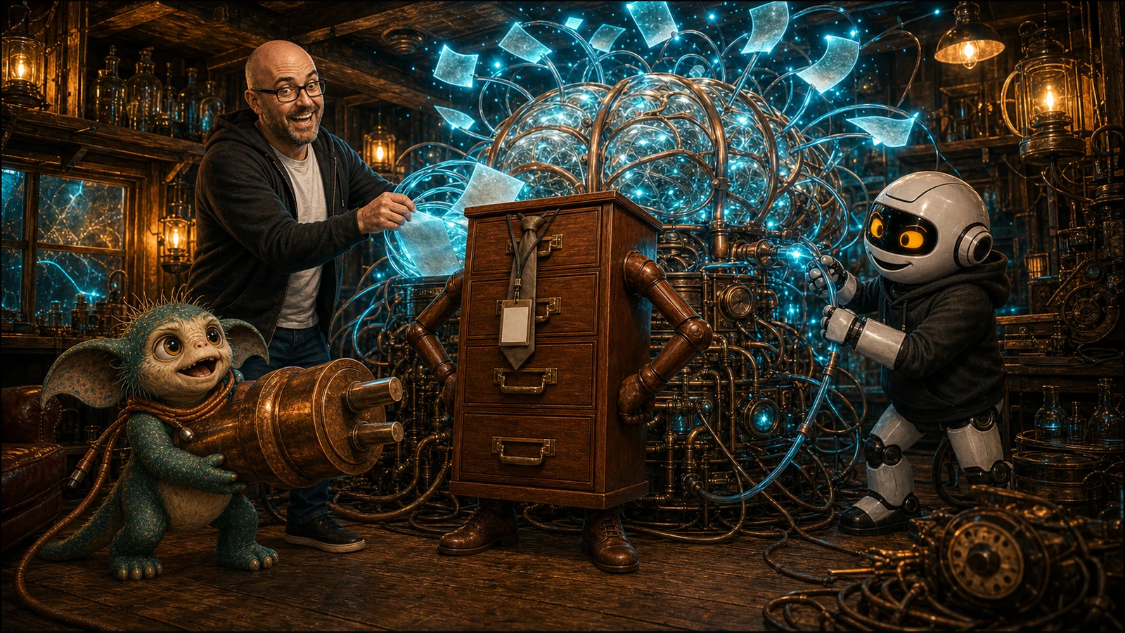 Donny, Clawdius and Max excitedly feed evidence into a glowing living-brain machine as the mahogany filing-cabinet executive accepts its appointment.