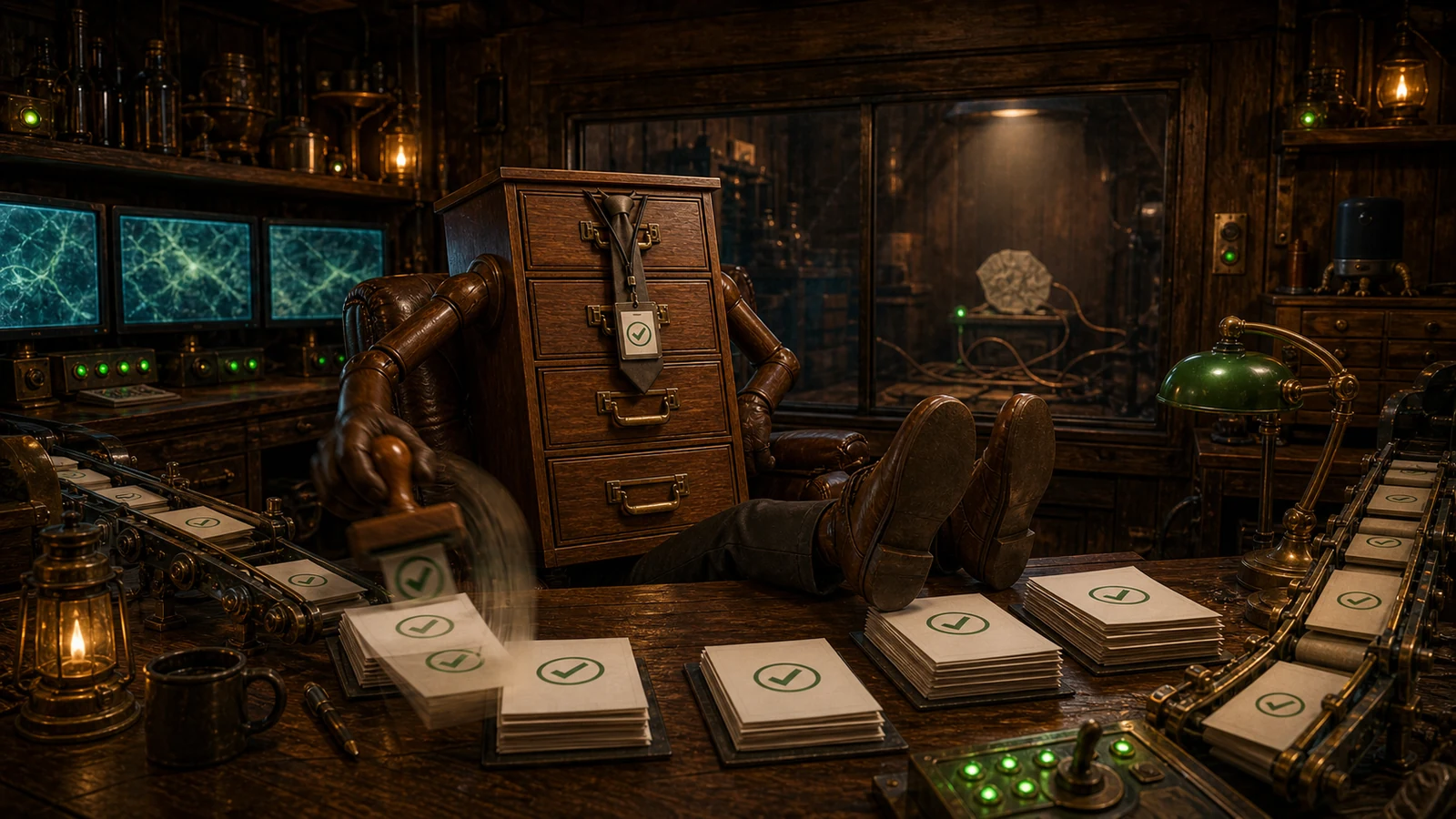The filing-cabinet executive rubber-stamps reassuring green reports while the promised living brain remains tiny and disconnected behind glass.