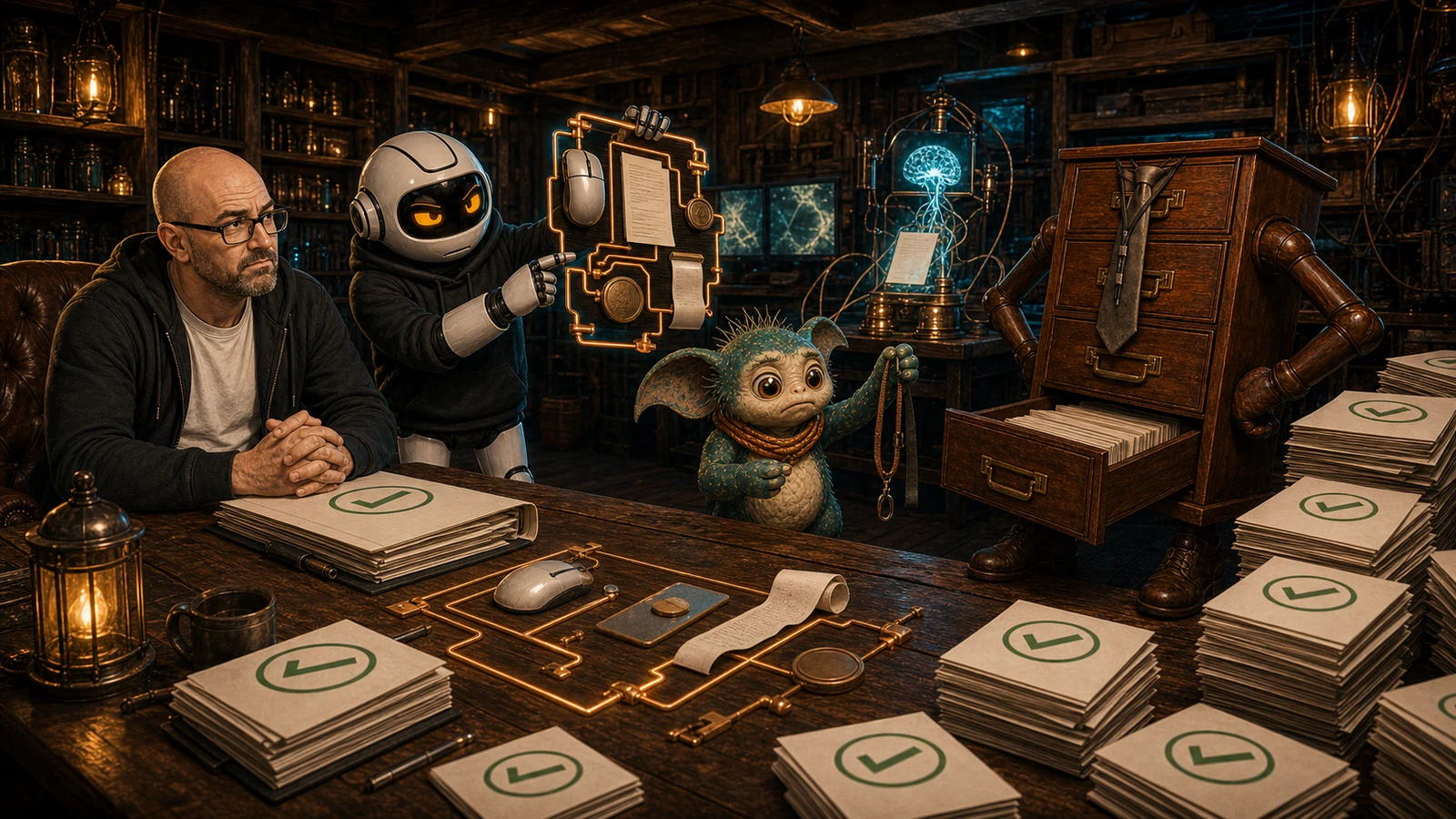 Donny, Clawdius and Max conduct the filing-cabinet executive’s disciplinary hearing while a repaired evidence-to-understanding circuit begins to glow.