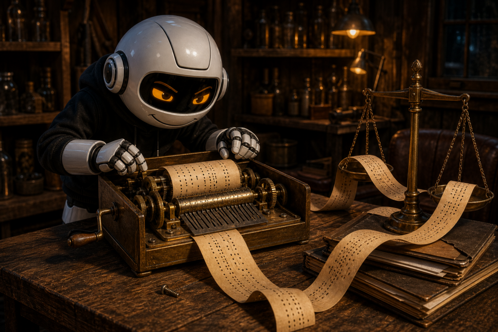 Clawdius examines punched music rolls passing through a brass music machine beside legal scales.
