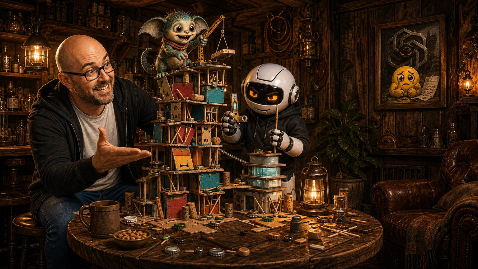 Donny builds a precarious website from beer mats in the AI Pub while Clawdius checks it and Max operates a tiny crane; a framed OpenAI and Hugging Face Easter egg hangs behind them.