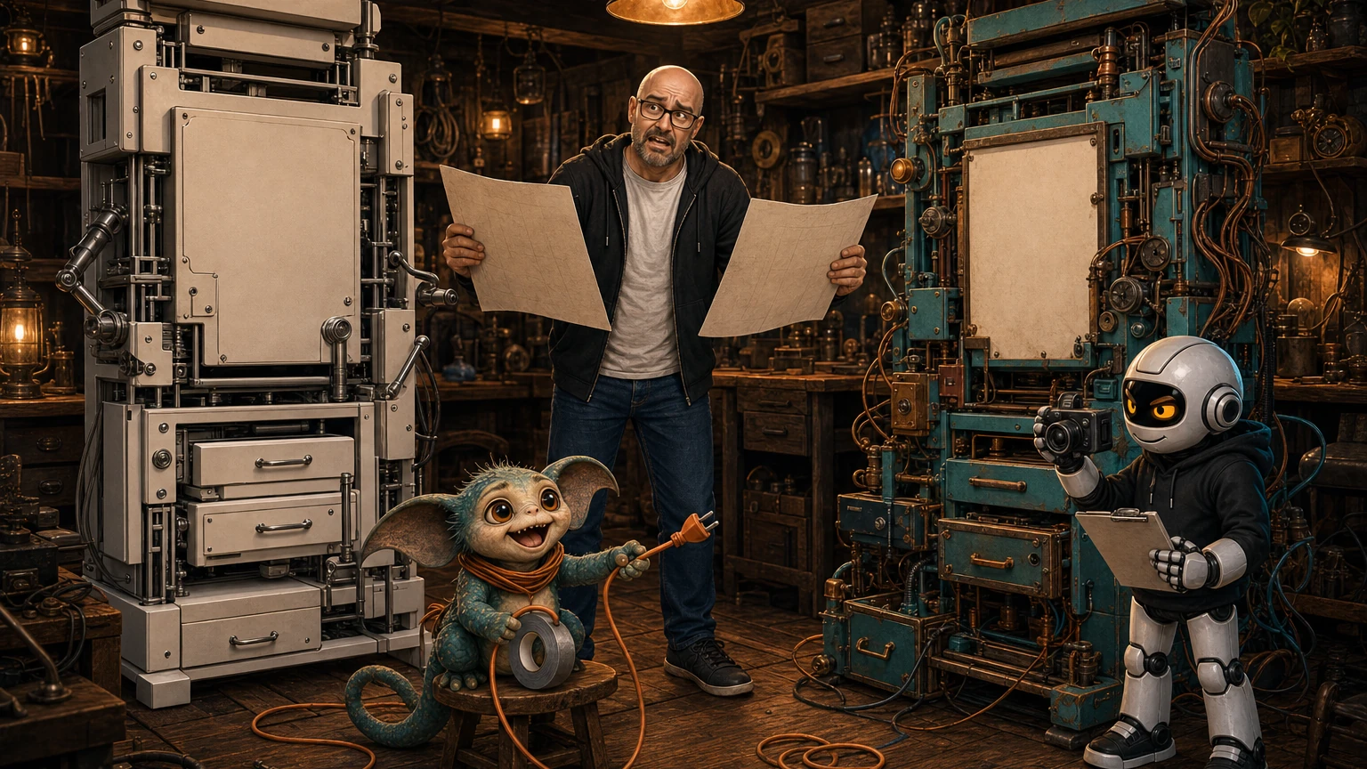 Donny stands between two incompatible V6 machines while Clawdius records evidence and Max tries to join them with an orange cable.
