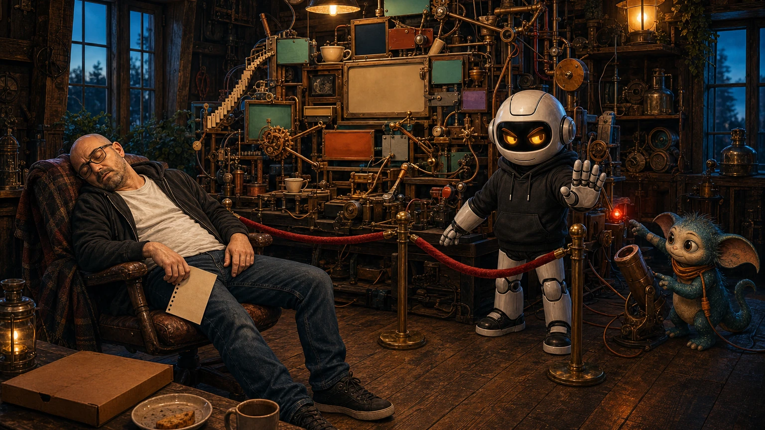 Donny sleeps beside a repaired but unfinished website machine while Clawdius guards it behind a velvet rope and Max reaches for a confetti cannon.