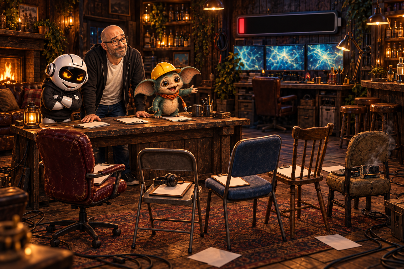 Donny and physical Clawdius in the shed facing a glowing 1 percent meter, with five absurdly serious audition chairs waiting behind them.
