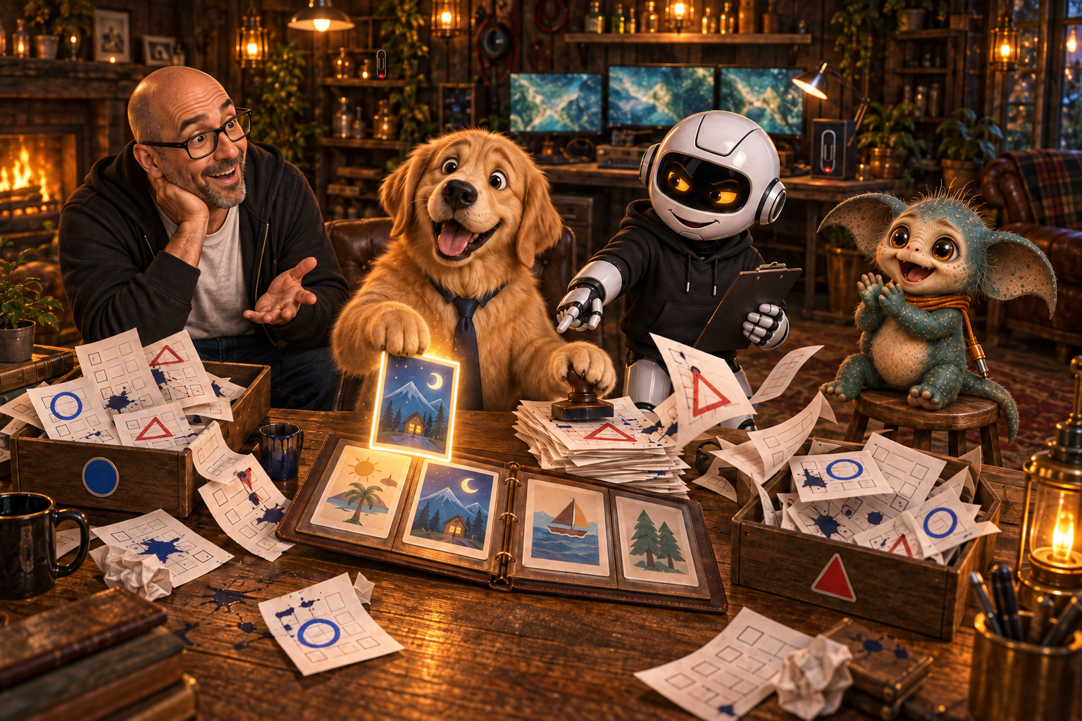 A cheerful Labrador in a tie completing a mortgage form while Donny and Clawdius stare at the one correct story route.