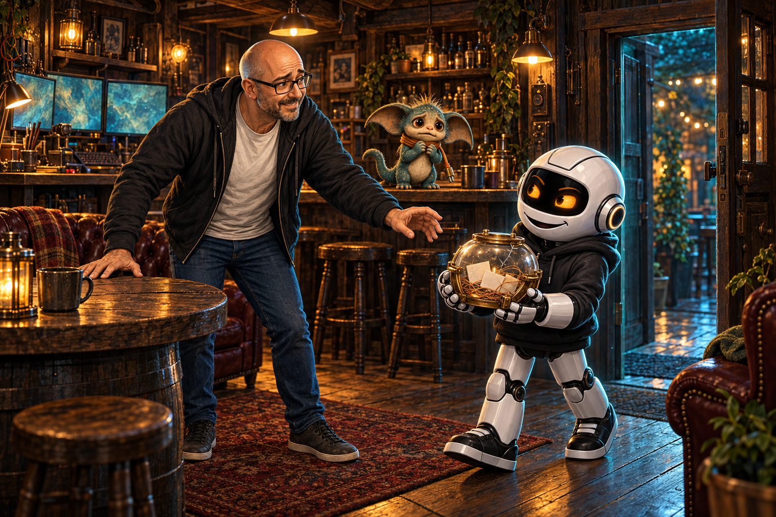 Donny welcomes physical robot Clawdius back to the WittyWires pub while Max examines a fragile memory keepsake.