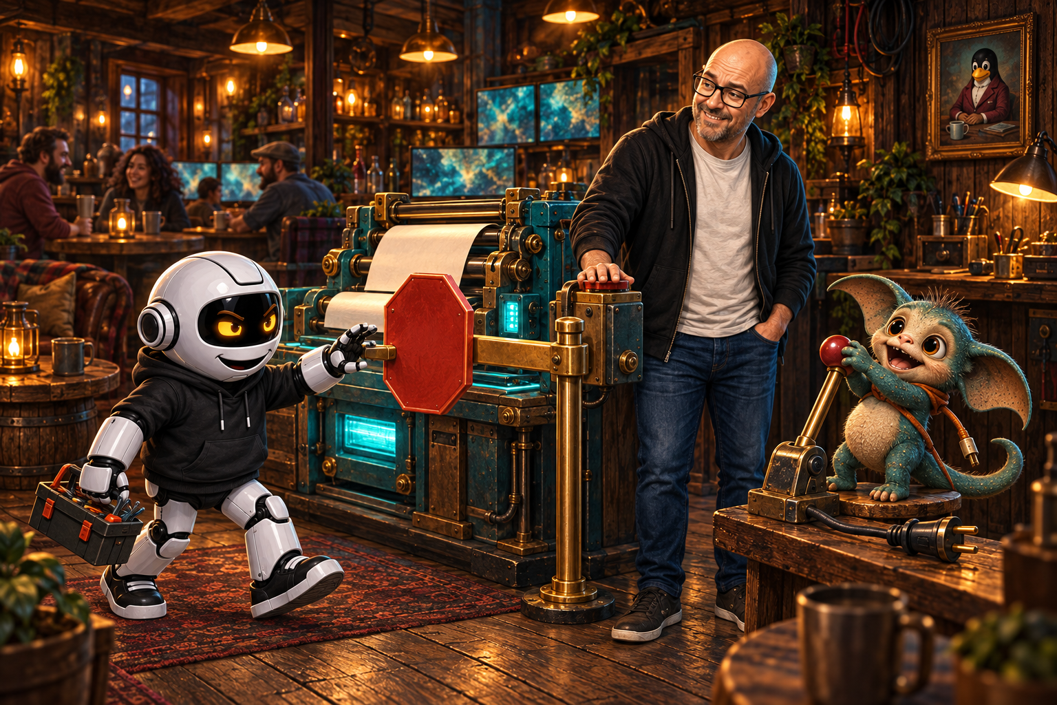 Donny stops the machinery as Clawdius and Max gather in the intact WittyWires pub.