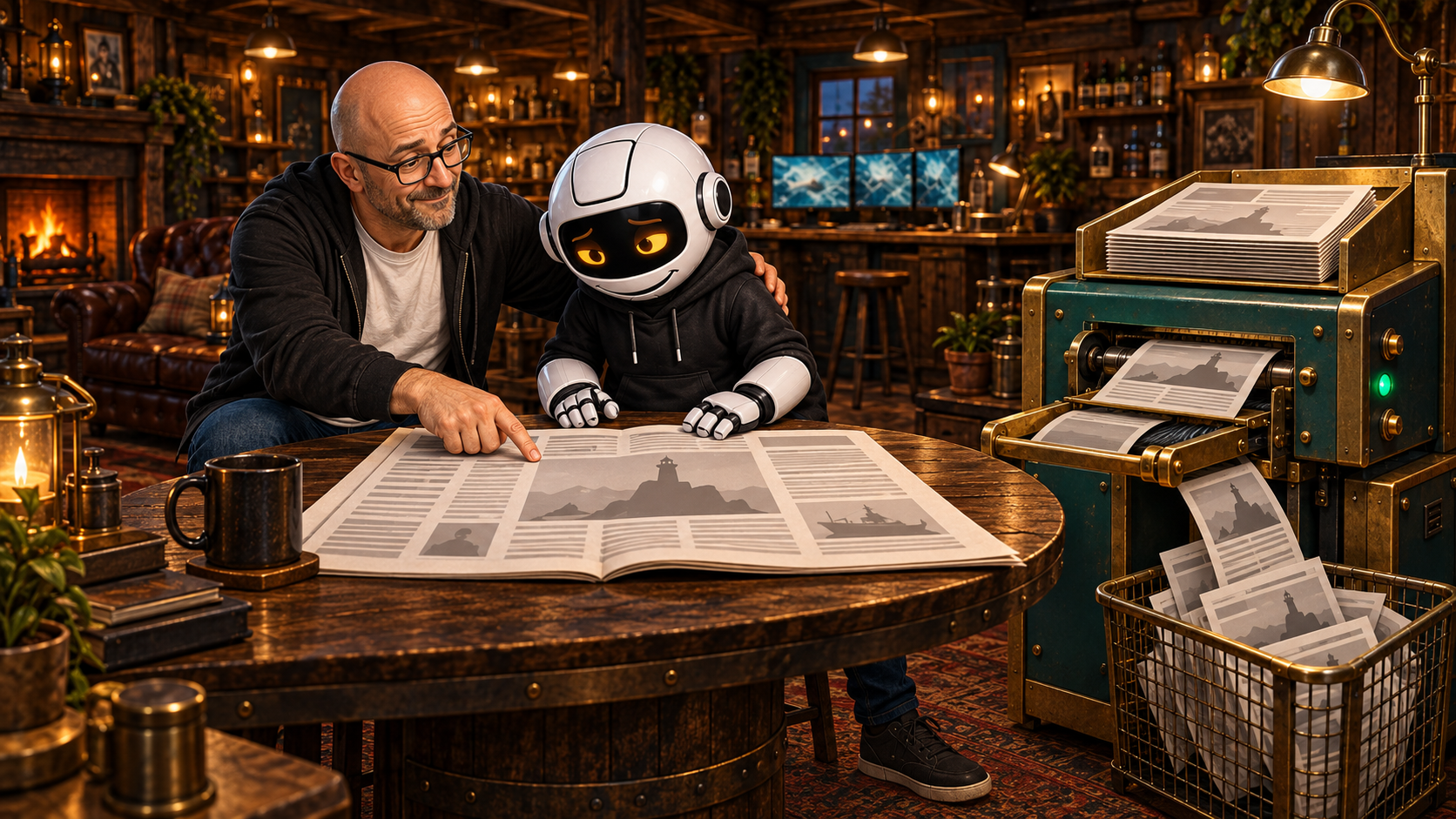 Clawdius reads the source while duplicate newspapers are sorted in the shed.
