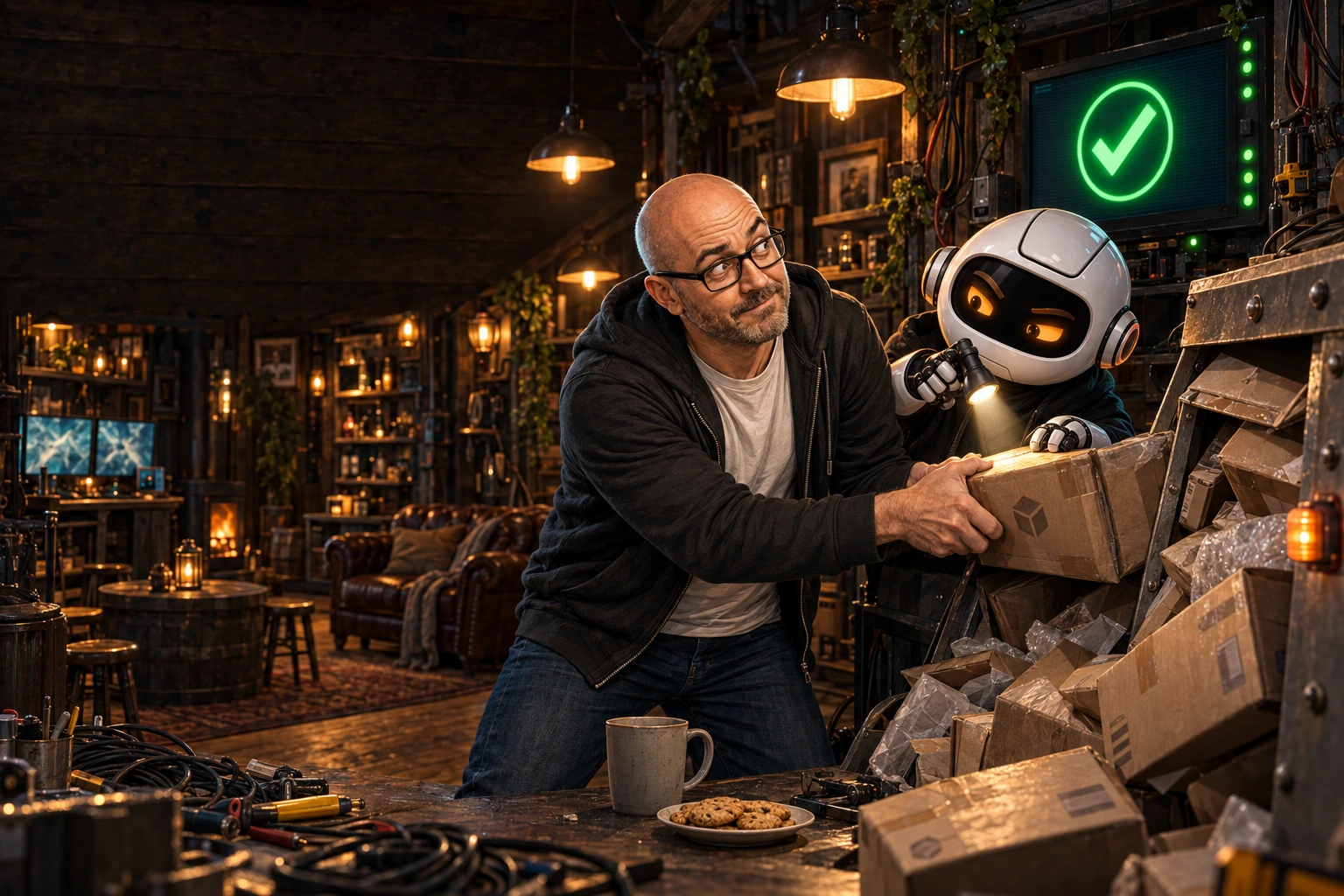 Donny and physical Clawdius inspecting a green reassurance screen beside a jammed video-delivery machine in the shed.