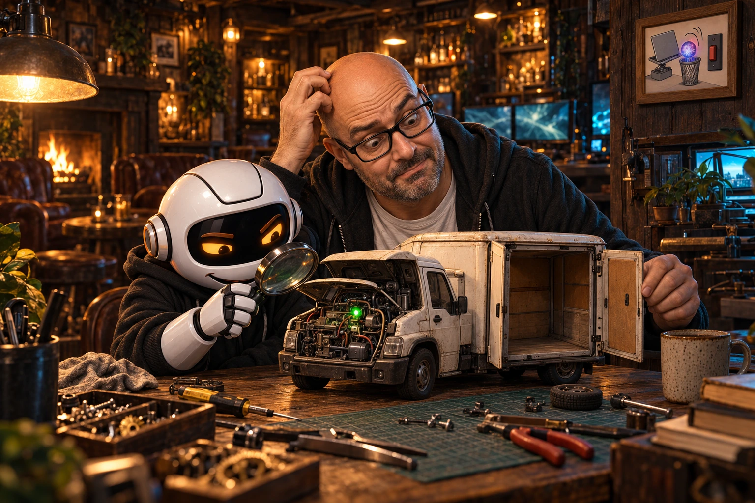 Donny and Clawdius inspect a reassuring green tick, with a framed AI off-switch joke in the background.