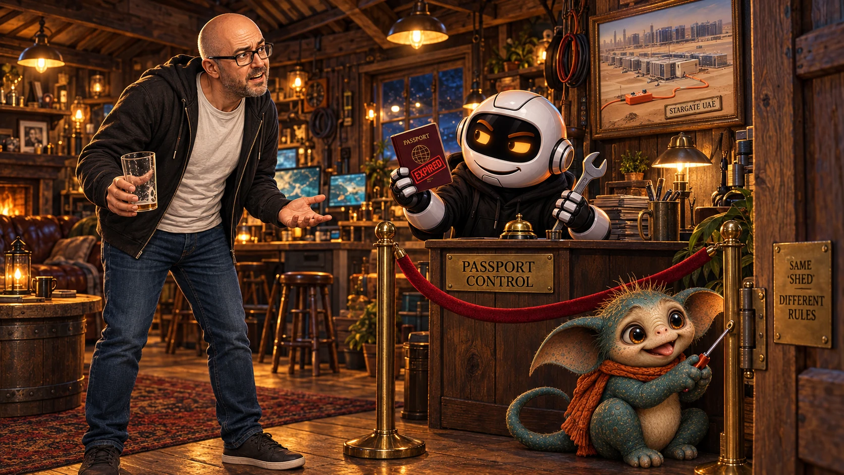 Donny confronts passport control inside his own working shed while Clawdius checks an expired pass.