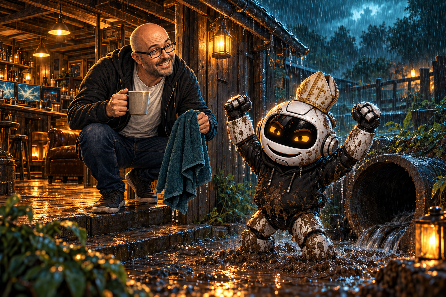 Sir-Clawrence emerges from the muddy Shitpipe into the rain while Donny waits with a towel and mug.