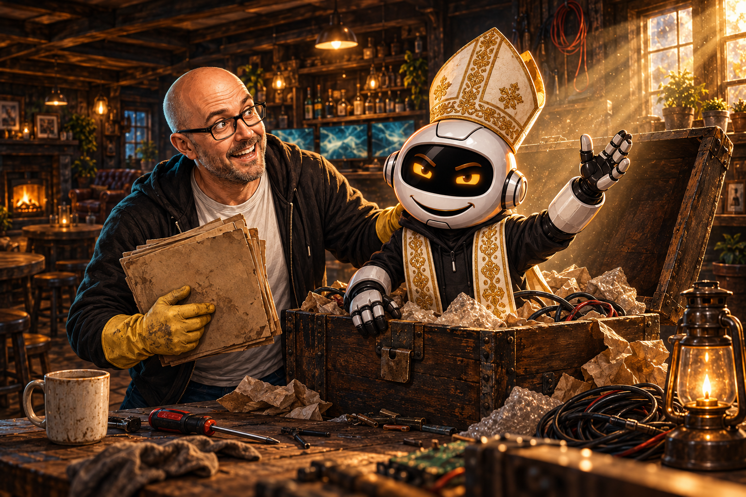Donny welcomes the returned physical robot Sir-Clawrence, dressed as an archbishop, from an archive chest in the shed.