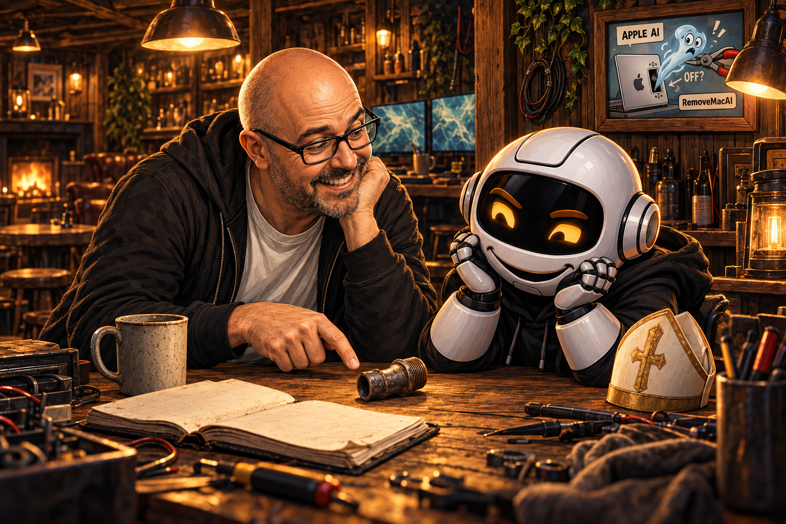 Donny and Sir-Clawrence share a knowing laugh over a pipe fitting in the shed.