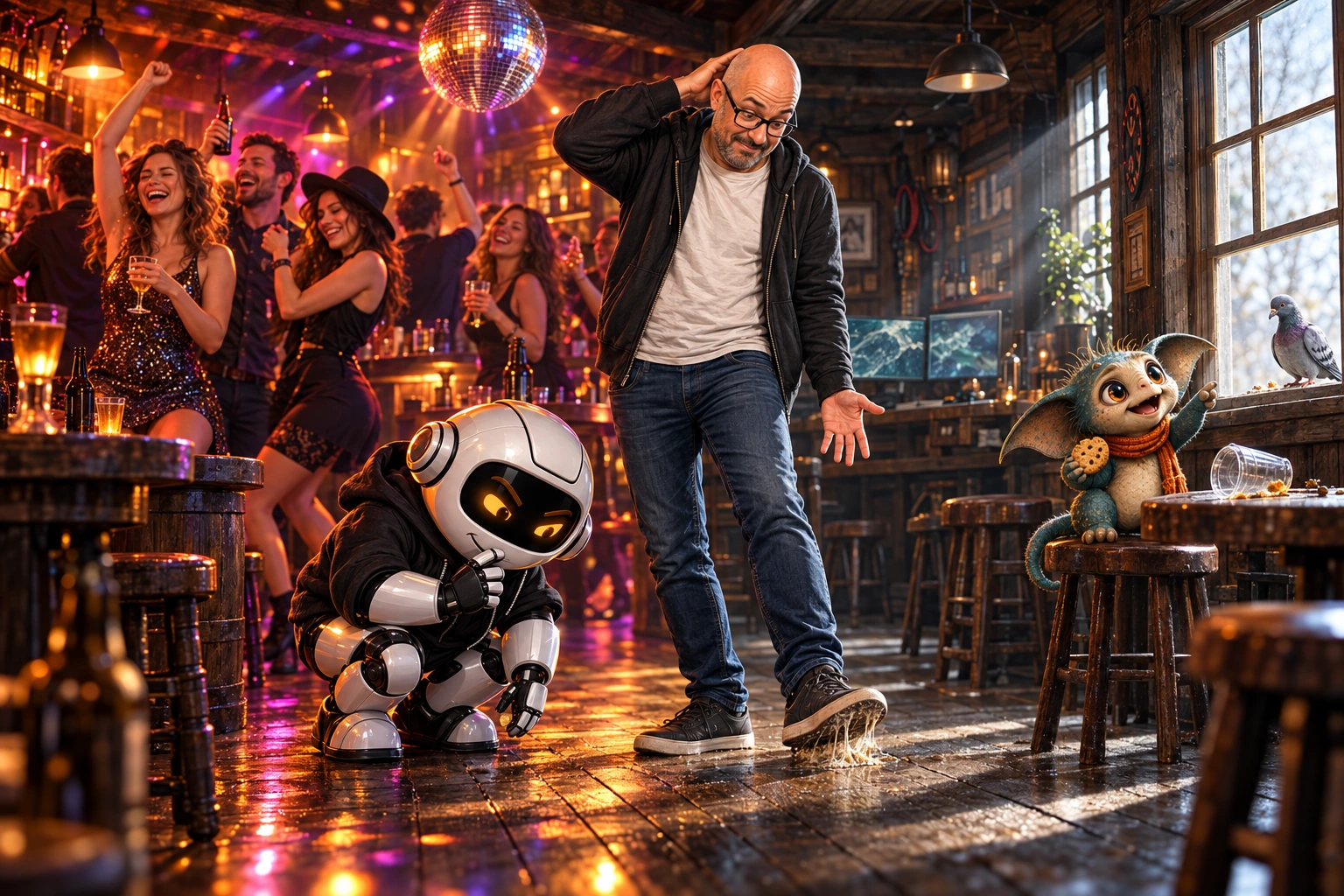 One pub imagined as a lively Friday night and a deserted Wednesday lunchtime, with Donny, Clawdius, Max and a pigeon.