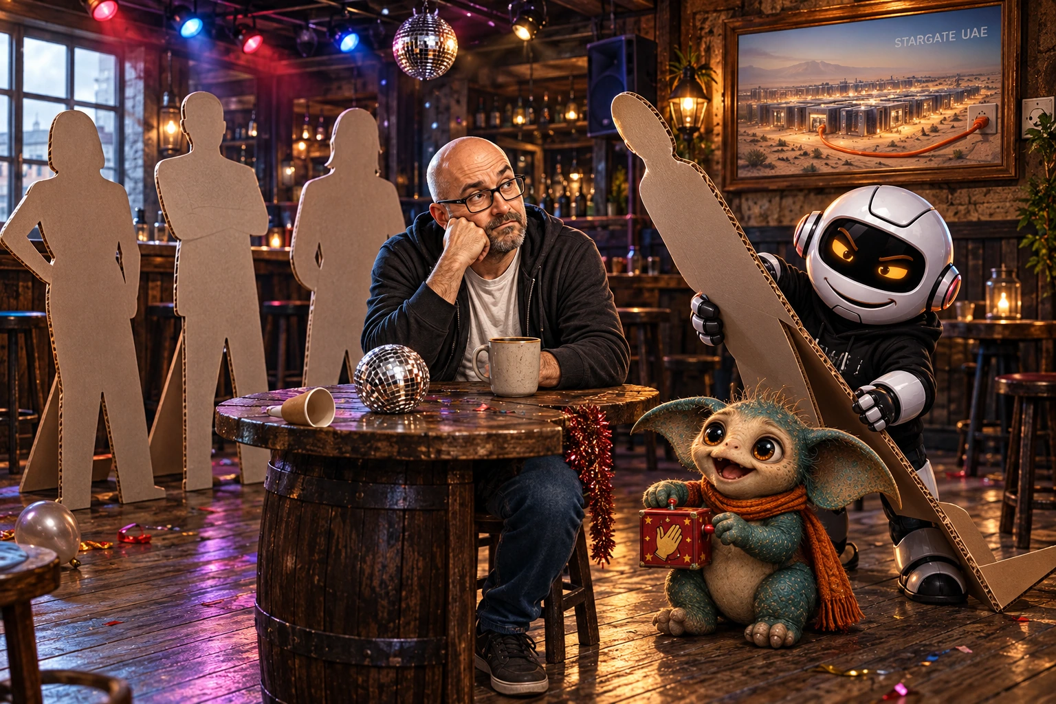 Donny and Clawdius inspect cardboard people in the empty pub while Max holds a little applause machine.