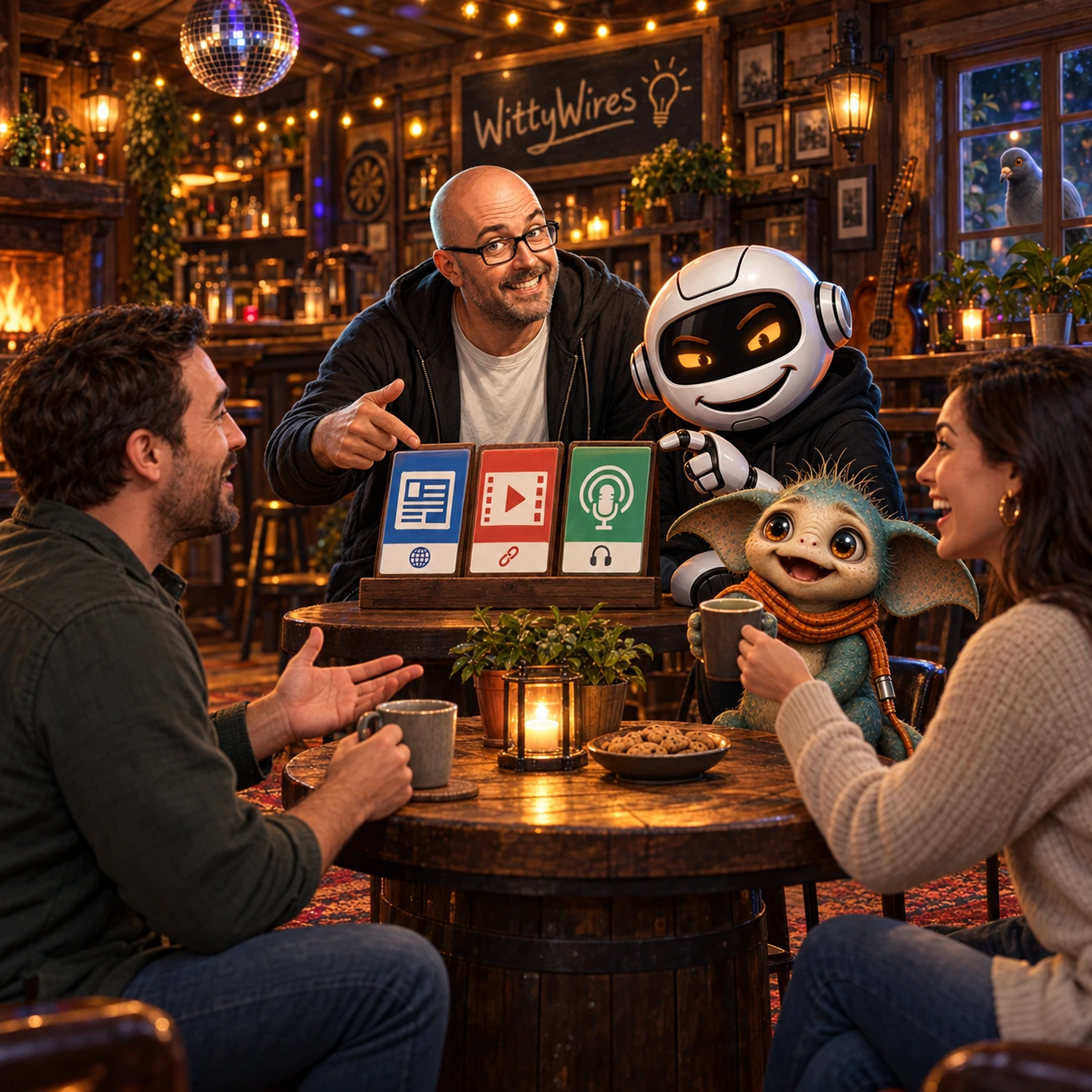 Donny and Clawdius arrange useful news and video cards while human visitors begin a conversation.