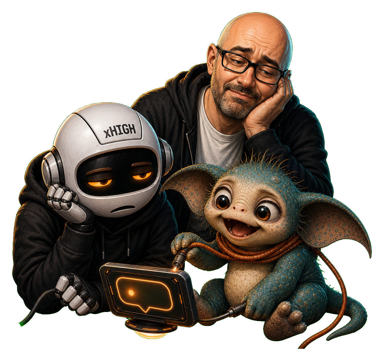 A human, Clawdius and Max inspect the discussion machinery.
