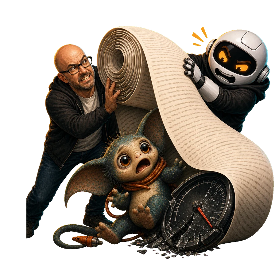 A human, Clawdius and Max inspect the discussion machinery.