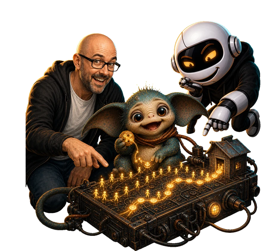 A human, Clawdius and Max inspect the discussion machinery.