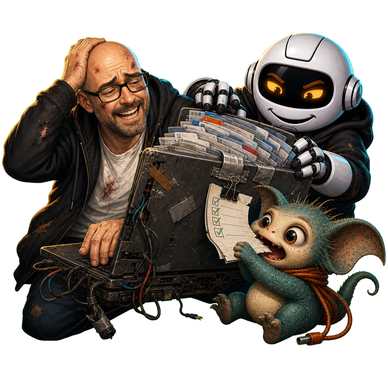 A human, Clawdius and Max inspect the discussion machinery.
