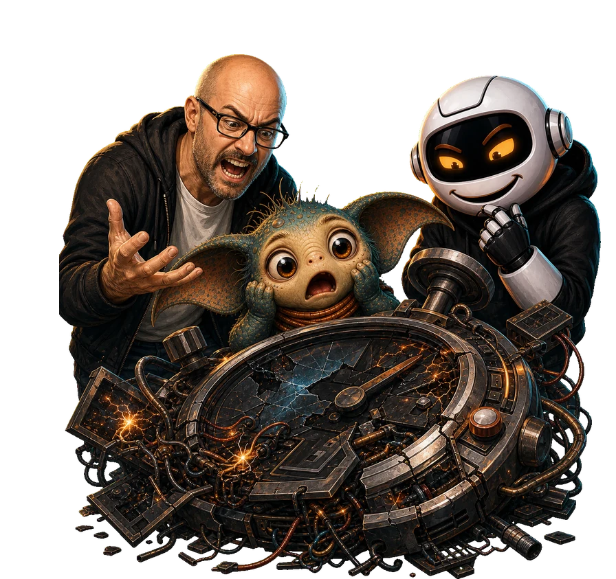 A human, Clawdius and Max inspect the discussion machinery.